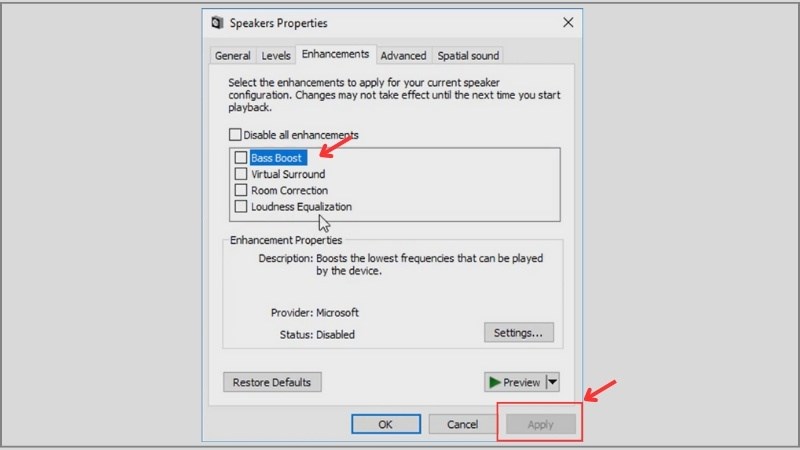 Quay về giao diện Speaker Properties. Chọn Apply để lưu thay đổi 