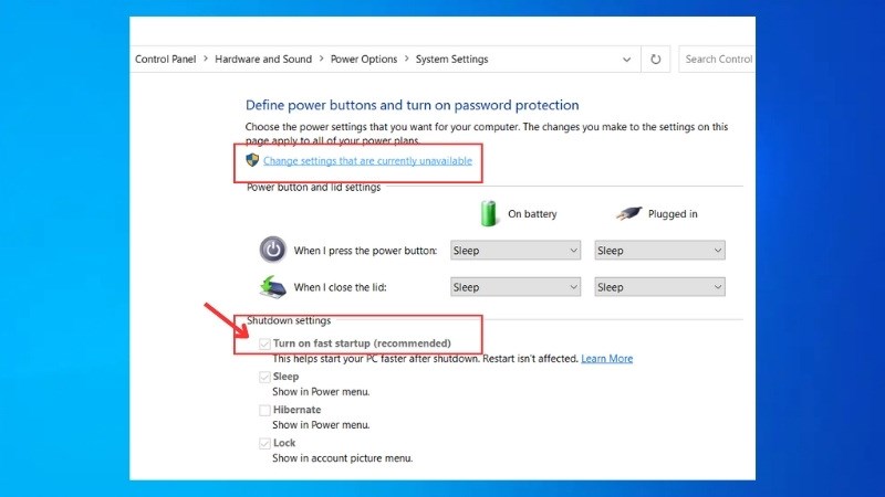 Bỏ tick chọn Turn on fast startup (recommended) > Click chọn Save changes
