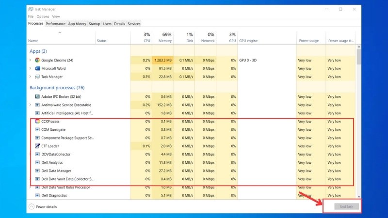 Chọn ứng dụng không cần thiết > Chuột phải và ứng dụng > End Task