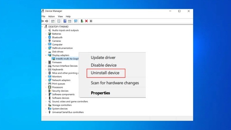 Chuột phải vào driver card đồ họa > Chọn Uninstall để gỡ bỏ cài đặt driver 