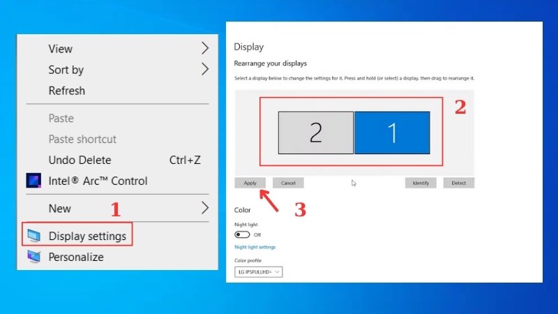 Nhấn chuột trái vào màn hình Desktop > Chọn Display settings Nhấn chuột trái vào màn hình Desktop > Chọn Display settings