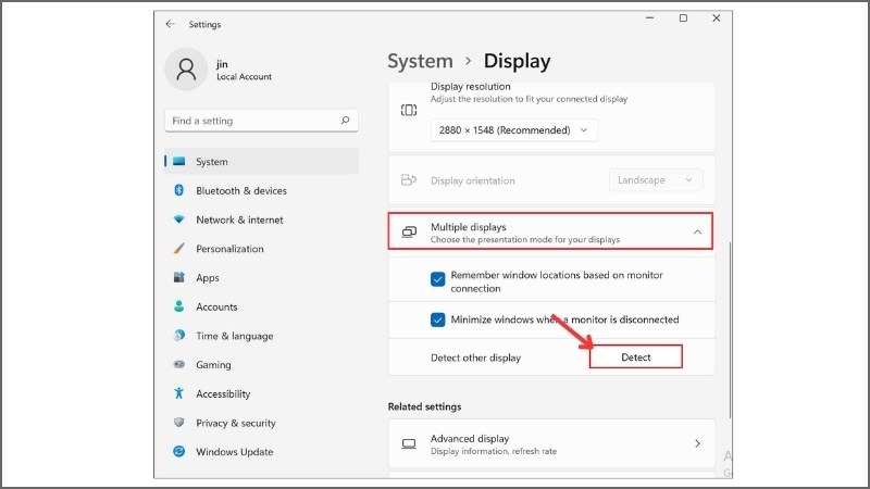 Mở phần Multiple displays > Chọn Detect Mở phần Multiple displays > Chọn Detect