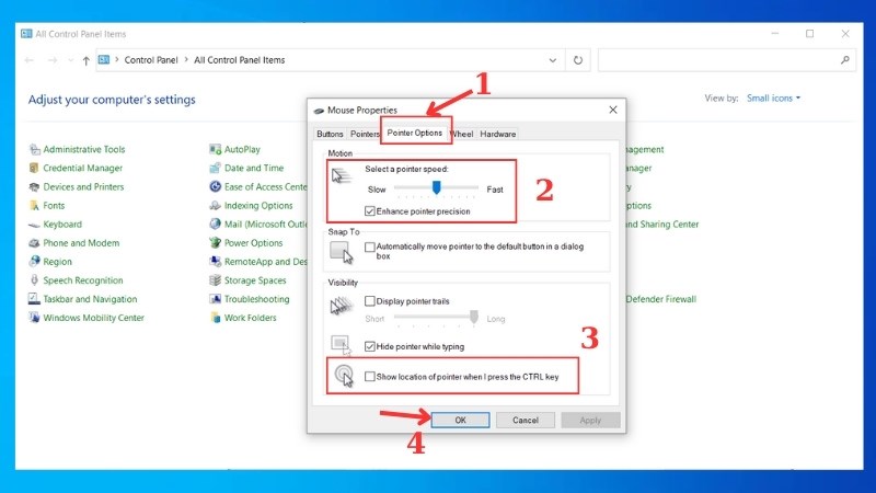 Tick chọn vào mục Show location of pointer when I press CTRL key Tick chọn vào mục Show location of pointer when I press CTRL key