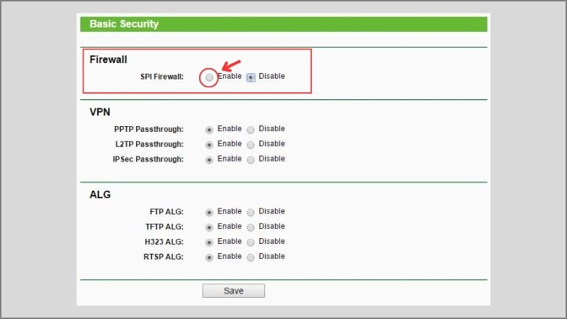 Tại mục SPI Firewall tick chọn Enable để bật bảo mật tường lửa Tại mục SPI Firewall tick chọn Enable để bật bảo mật tường lửa