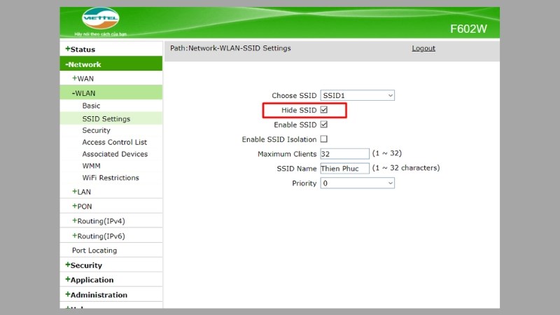 Tích chọn mục Hide SSID Tích chọn mục Hide SSID