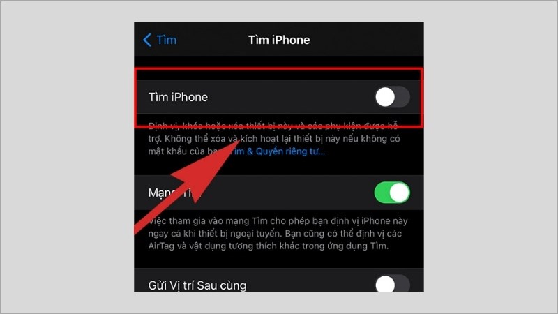 Sau đó gạt thanh Tìm iPhone sang chế độ tắt 