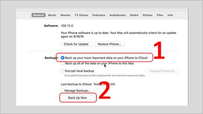 Chọn Back up now để sao lưu dữ liệu quan trong trên iPhone của bạn 