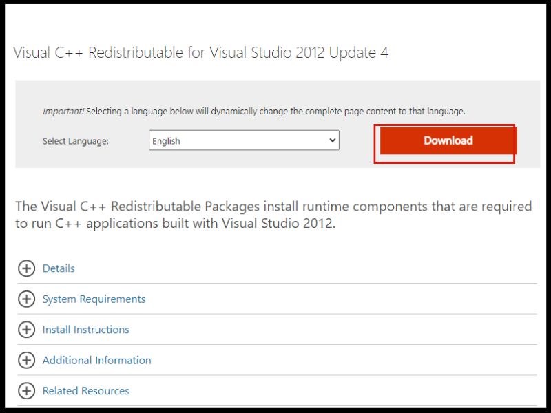 Bản tải Visual C ++ Redistributable > Click vào nút Download