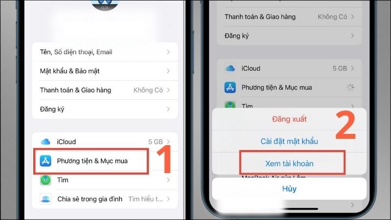 Chọn Phương tiện & mục mua > Chọn Xem tài khoản Chọn Phương tiện & mục mua > Chọn Xem tài khoản