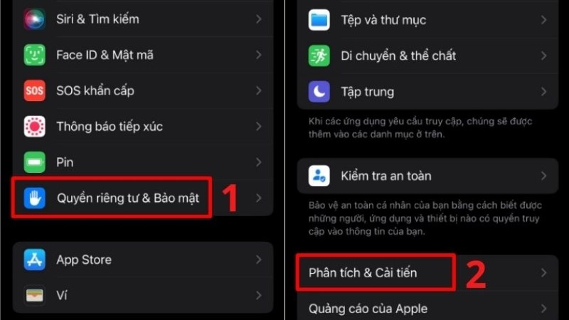 Tìm mục Tìm mục Phân tích & Cải tiến trong Quyền riêng tư & Bảo mật
