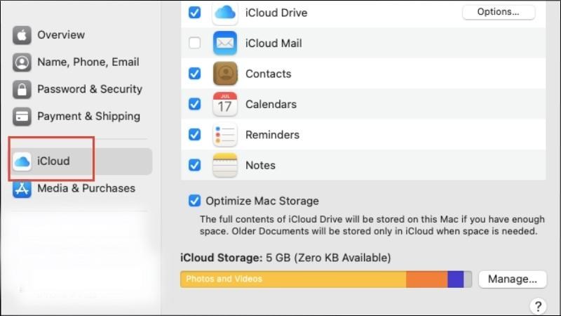 Chọn vào mục iCloud