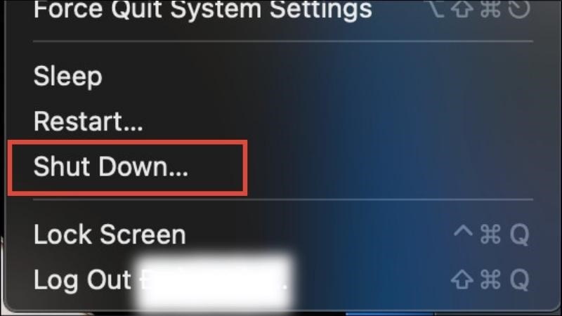 Chọn vào biểu tượng của thương hiệu Apple > Nhấn Shutdown