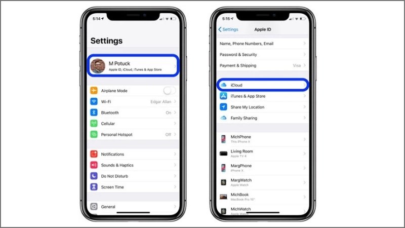 Click chọn tài khoản > Vào iCloud Click chọn tài khoản > Vào iCloud