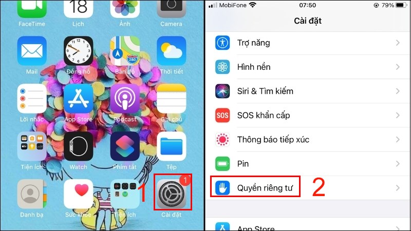 Vào Cài đặt trên điện thoại iPhone > Chọn mục Quyền riêng tư Vào Cài đặt trên điện thoại iPhone > Chọn mục Quyền riêng tư