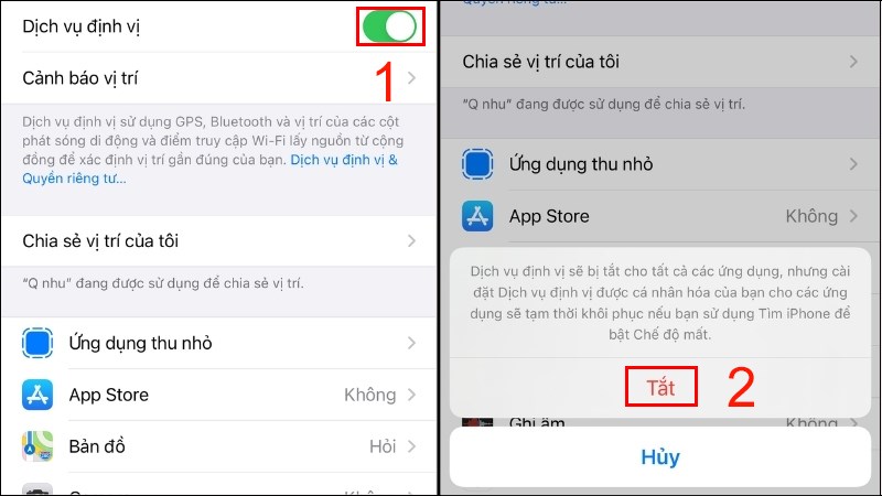 Gạt thanh trượt và Chọn tắt Dịch vụ định vị Gạt thanh trượt và Chọn tắt Dịch vụ định vị