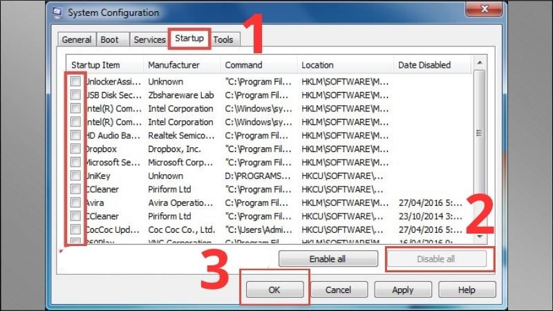 Chọn Startup > Nhấn nút Disable all > Nhấn OK 