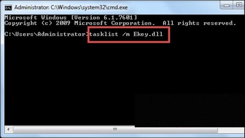 Nhập lệnh tasklist /m Ekey.dll > Nhấn Enter