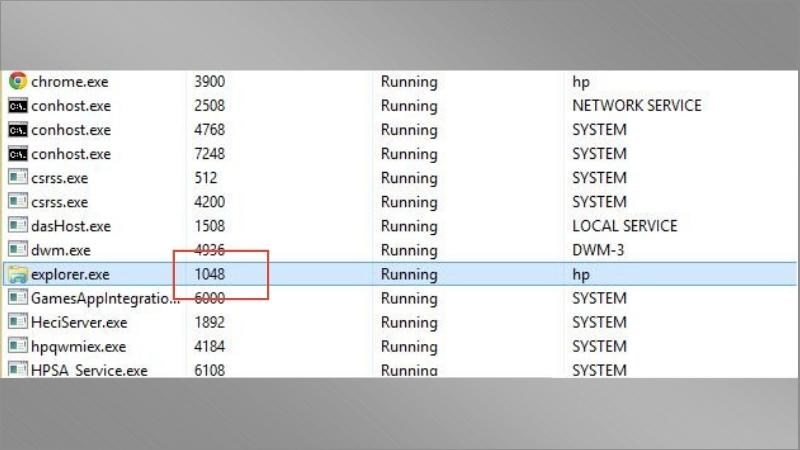 Quan sát phần explorer.exe có ID của giá trị 1048