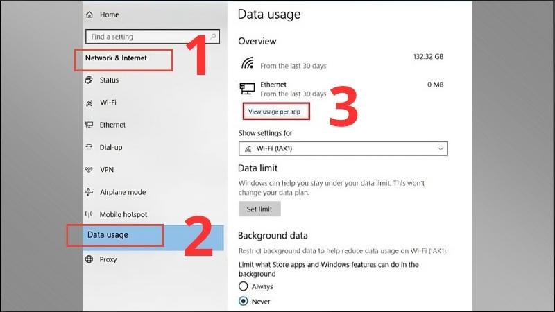 Nhấn Windows + I > Chọn Network and Internet > Chọn Data usage > “View usage per app”