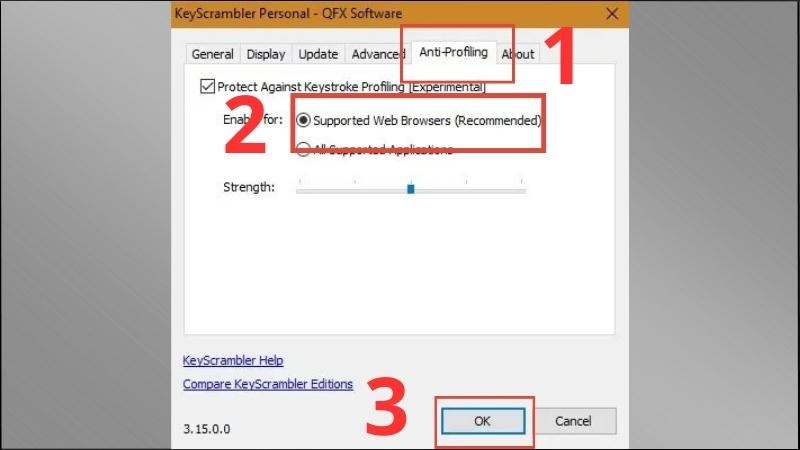 Vào Settings > Anti - Profiling, chọn Supported Web Browsers (Recommended) > Chọn OK