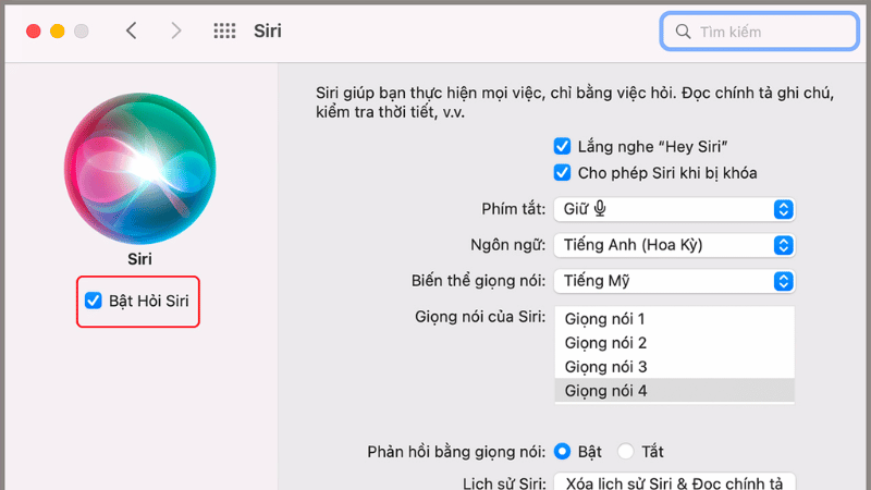 Click chọn Bật Hỏi Siri bên phía trái màn hình