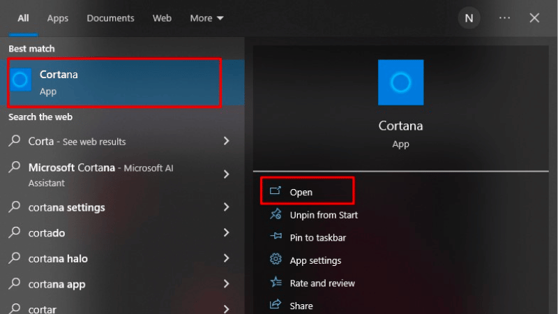 Nhấn tìm kiếm trên thanh Taskbar nhập “Cortana” và nhấn Open