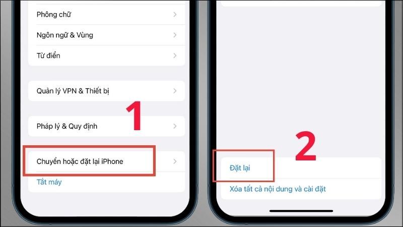 Chọn Chuyển hoặc đặt lại iPhone > Nhấn chọn mục Đặt lại Chọn Chuyển hoặc đặt lại iPhone > Nhấn chọn mục Đặt lại