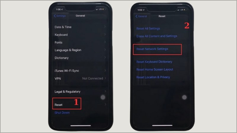Chọn Reset (Đặt lại) > Chọn Reset Network Settings (Đặt lại cài đặt mạng) Chọn Reset (Đặt lại) > Chọn Reset Network Settings (Đặt lại cài đặt mạng)