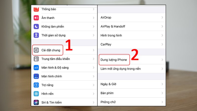 Bước 1: Vào Cài đặt > Chọn Cài đặt chung > Chọn Dung lượng iPhone.