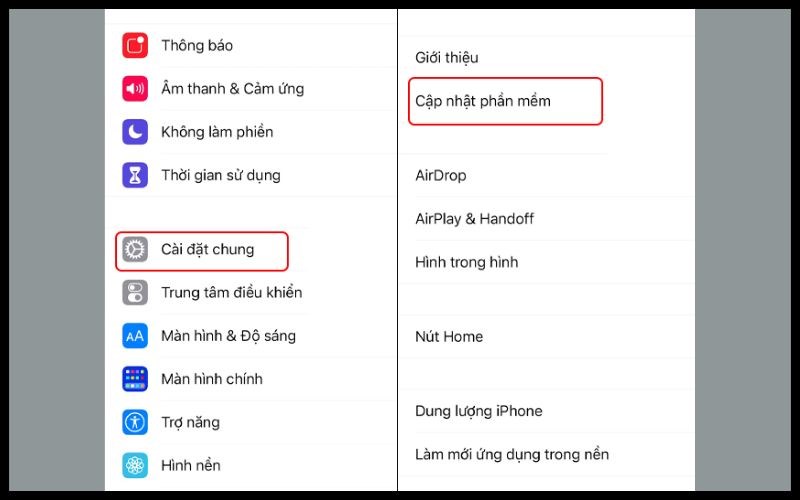 Vào Cài đặt chung và chọn Cập nhật phần mềm