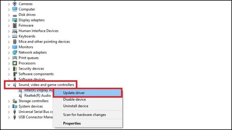 Update Driver trong mục mở rộng Sound, video and game controllers Update Driver trong mục mở rộng Sound, video and game controllers