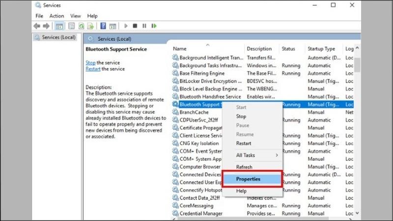 Tìm mục Bluetooth Support Service và nhấn chuột phải > Chọn Properties Tìm mục Bluetooth Support Service và nhấn chuột phải > Chọn Properties