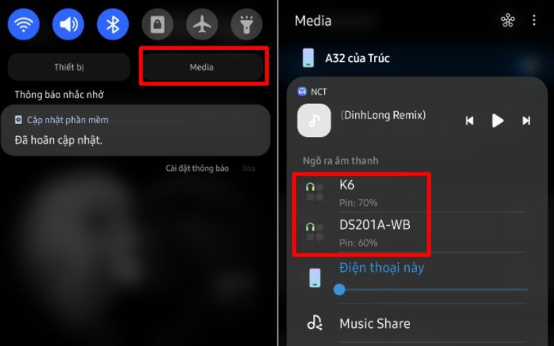 Nhấn vào Phương tiện và chọn 2 thiết bị bluetooth trong Ngõ ra âm thanh Nhấn vào Phương tiện và chọn 2 thiết bị bluetooth trong Ngõ ra âm thanh