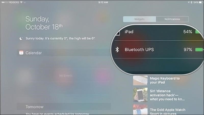 Sử dụng trung tâm thông báo (Notification Center) để xem thông tin mức pin sạc tại mục Bluetooth UPS