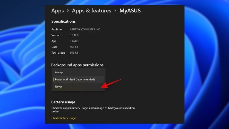 Tại mục Background apps permissions và chọn Never