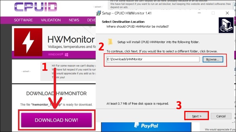 Tải phần mềm CPUID HWMonitor về laptop > Click chọn đường dẫn để lưu > Bấm Next