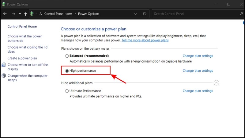 Mở Power Plan > chọn High Performance