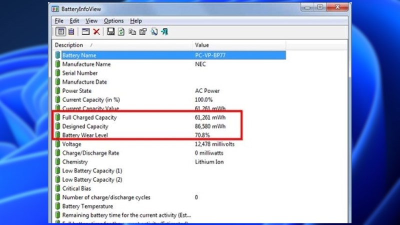 BatteryInfoView giúp người dùng biết được chi tiết các thông số về pin laptop