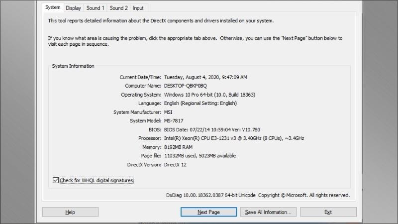 Nhấn tổ hợp phím Windows + R > Nhập dòng lệnh dxdiag, lúc này toàn bộ thông tin máy sẽ hiện ra Nhấn tổ hợp phím Windows + R > Nhập dòng lệnh dxdiag, lúc này toàn bộ thông tin máy sẽ hiện ra