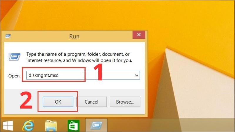 Nhấn tổ hợp phím Windows + R > Nhập dòng lệnh diskmgmt.msc > Chọn OK Nhấn tổ hợp phím Windows + R > Nhập dòng lệnh diskmgmt.msc > Chọn OK