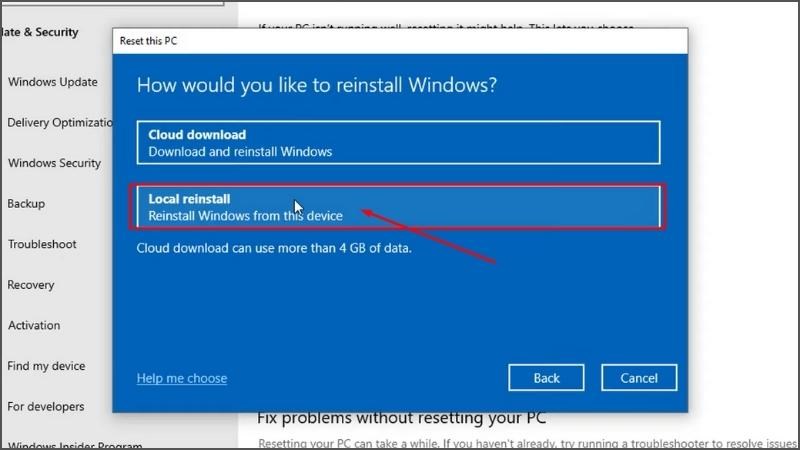 Chọn Local reinstall 