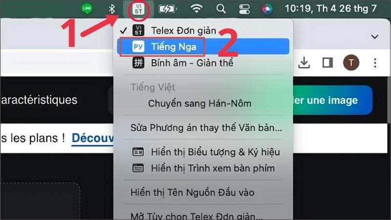 Tại Thanh Menu, chọn biểu tượng Ngôn ngữ > Chọn Tiếng Nga Tại Thanh Menu, chọn biểu tượng Ngôn ngữ > Chọn Tiếng Nga