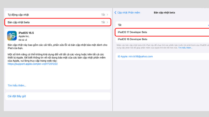 Nhấp vào Bản cập nhật Beta > Chọn iPadOS 17 Developer Beta Nhấp vào Bản cập nhật Beta > Chọn iPadOS 17 Developer Beta