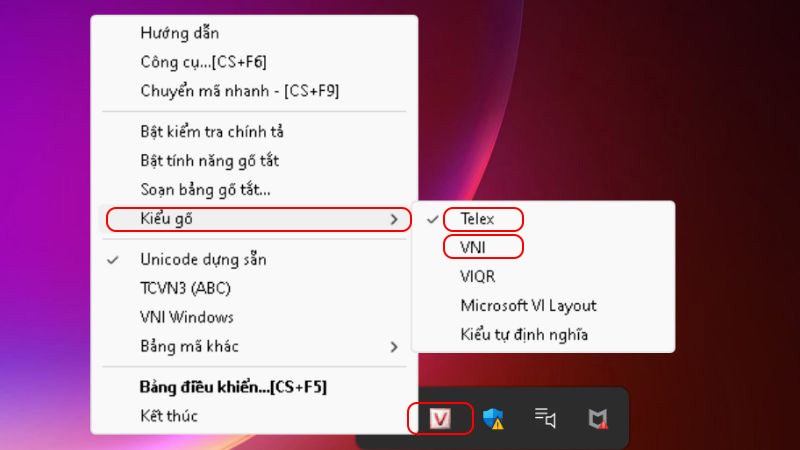 Chọn kiểu gõ > Tick chọn Telex hoặc VNI theo cách gõ thông thường của bạn Chọn kiểu gõ > Tick chọn Telex hoặc VNI theo cách gõ thông thường của bạn