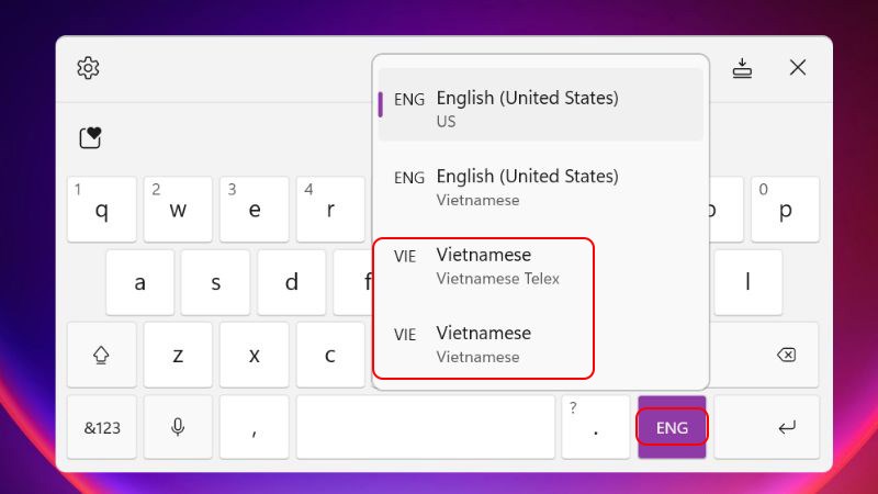 Trên Window 11 click chuột vào ô ENG chuyển sang VIE để gõ tiếng Việt Trên Window 11 click chuột vào ô ENG chuyển sang VIE để gõ tiếng Việt