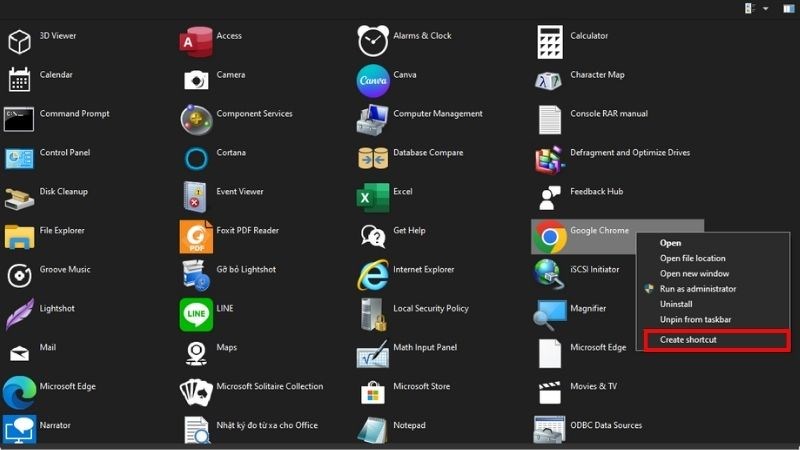 Click chuột phải ứng dụng > Chọn Create shortcut > Ok Click chuột phải ứng dụng > Chọn Create shortcut > Ok