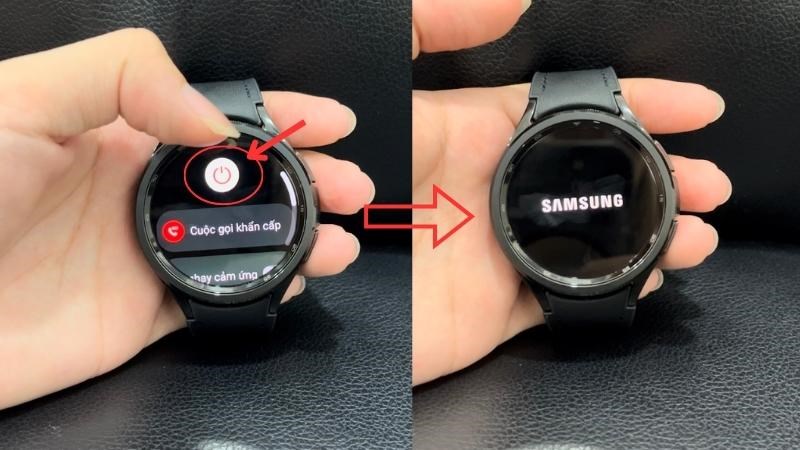 Chọn nút tắt nguồn màu đỏ > Màn hình sẽ hiển thị Samsung trước khi tắt Chọn nút tắt nguồn màu đỏ > Màn hình sẽ hiển thị Samsung trước khi tắt