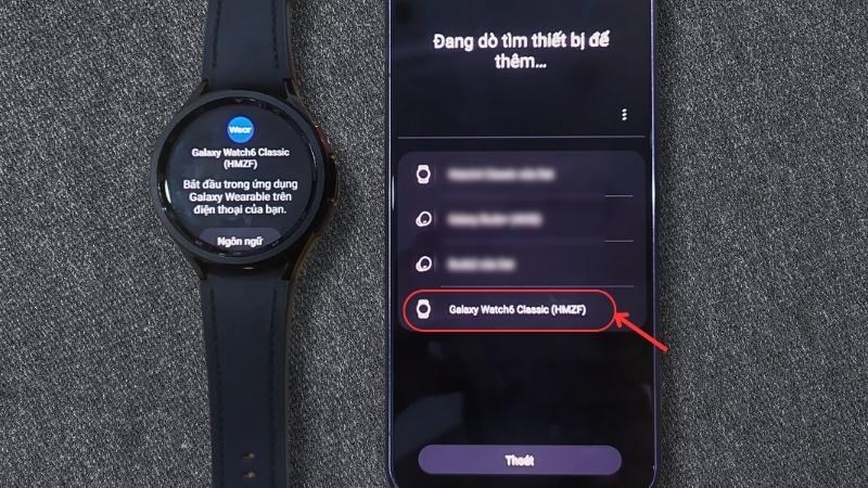 Hệ thống sẽ dò tìm thiết bị > Chọn Galaxy Watch6 Classic Hệ thống sẽ dò tìm thiết bị > Chọn Galaxy Watch6 Classic