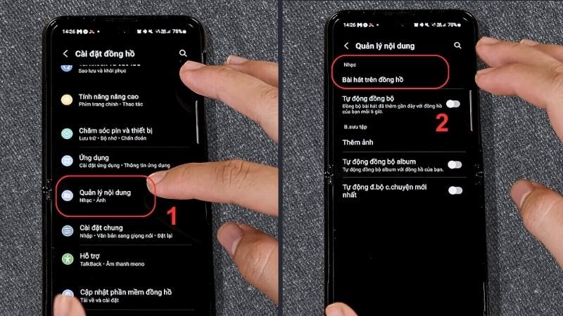 Tại mục Nhạc > Chọn Bài hát trên đồng hồ hoặc Tự động đồng bộ Tại mục Nhạc > Chọn Bài hát trên đồng hồ hoặc Tự động đồng bộ