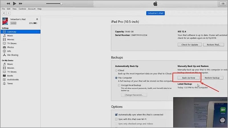 Chọn Back Up Now để thực hiện việc sao lưu dữ liệu từ iPad lên máy tính 